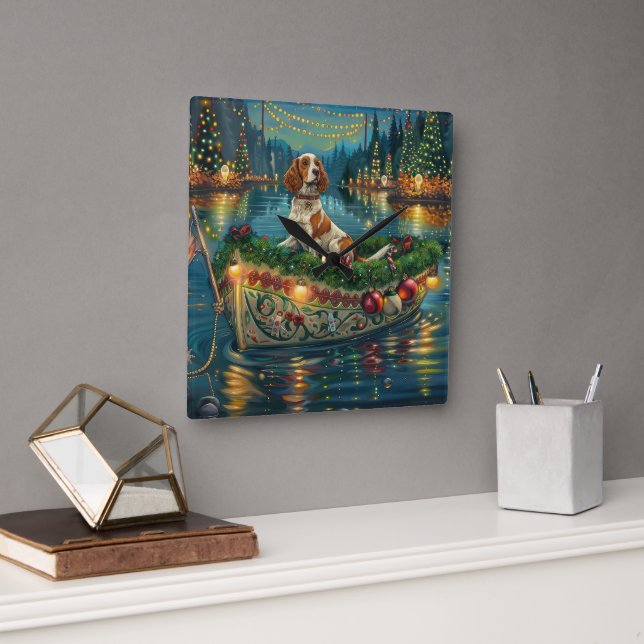 Relógio Quadrado Brittany Spaniel natal Festivo Voyage (Escritório)