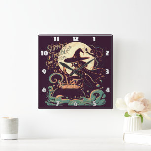 Relógio Quadrado Bruxa criando poções sob a lua brilhante
