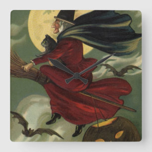 Relógio Quadrado Bruxa de Halloween Vintage andando de vassoura com