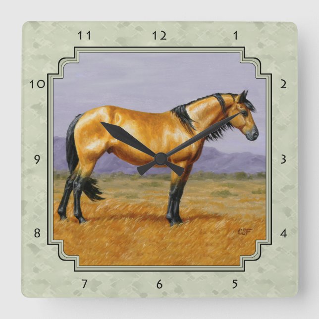 Relógio Quadrado Buckskin Horse Mustang Stallion Sage Green (Frente)