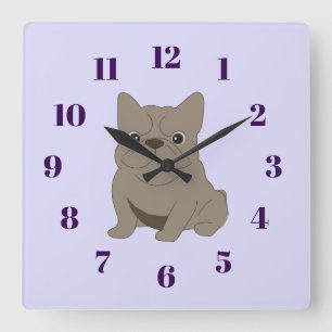 Relógio Quadrado Buldogue Francês Cinza Bebê, roxo, lavanda