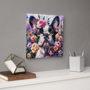 Relógio Quadrado Buldogue francês com pintura impressionista Rosa