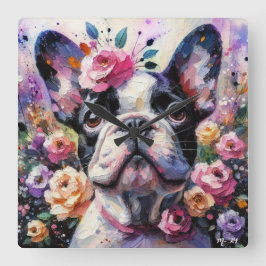 Relógio Quadrado Buldogue francês com pintura impressionista Rosa