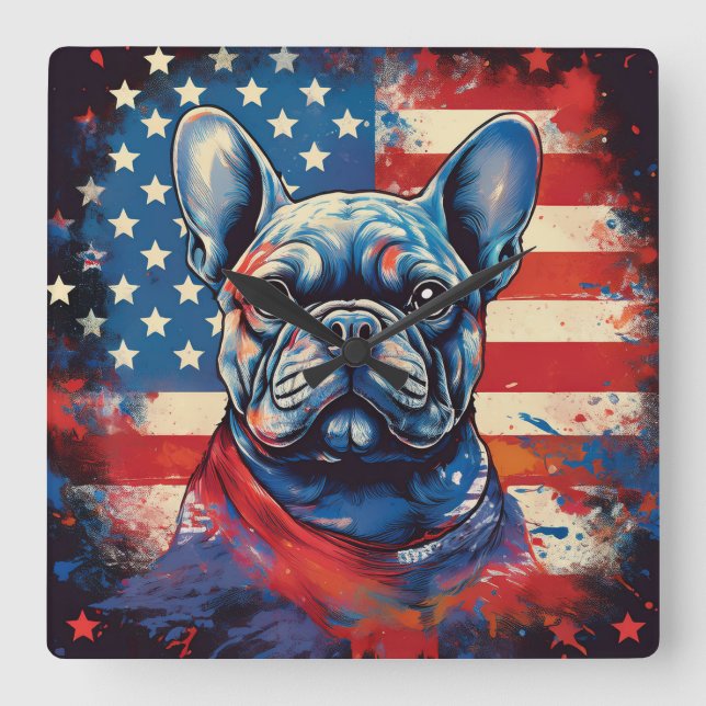 Relógio Quadrado Buldogue Francês e Bandeira Americana Incomodada (Frente)