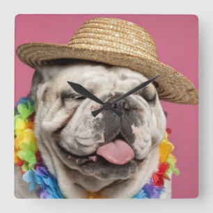 Relógio Quadrado Buldogue inglês (18 meses velho) que veste uma
