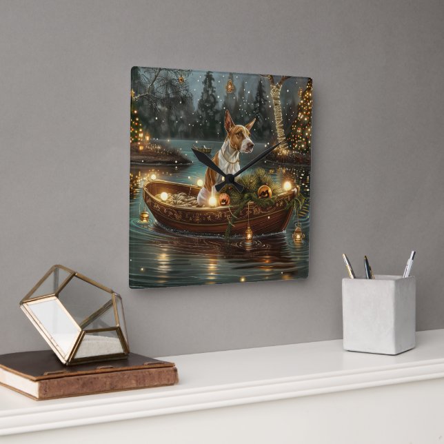 Relógio Quadrado Bull Terrier Christmas Voyage festiva (Escritório)