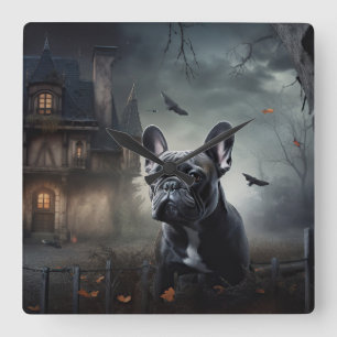 Relógio Quadrado Bulldog Francês Halloween Assustador