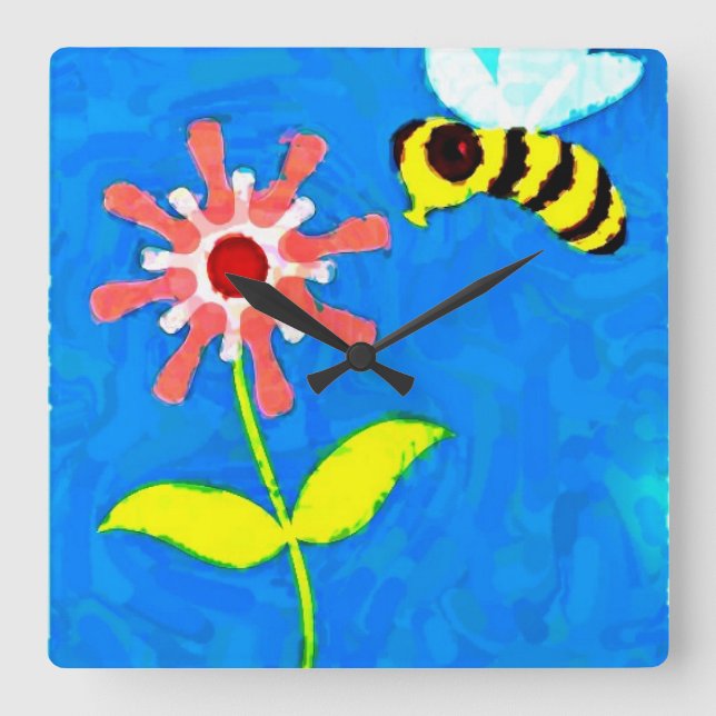 Relógio Quadrado Bumble Bee e Flower Square Wall Clock (Frente)