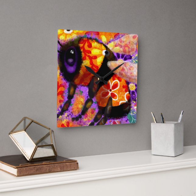 Relógio Quadrado Bumble Bumble Floral Vermelho Amarelo Roxo (Escritório)