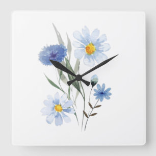 Relógio Quadrado Buquê Botânico de Flores Silvestres Azuis   Aquare
