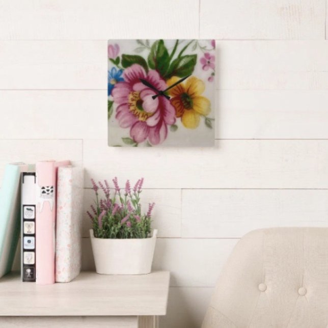 Relógio Quadrado Buquê Floral de Xícara de Chá (High-quality wall clock non-ticking design  Backside hanging slot 2 sizes Grade A acrylic. )