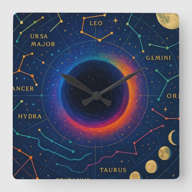 Relógio Quadrado Buraco Negro Cósmico e Constelações Arte - Celesti (Frente)