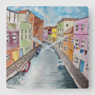 Relógio Quadrado Burano Venice Casas coloridas