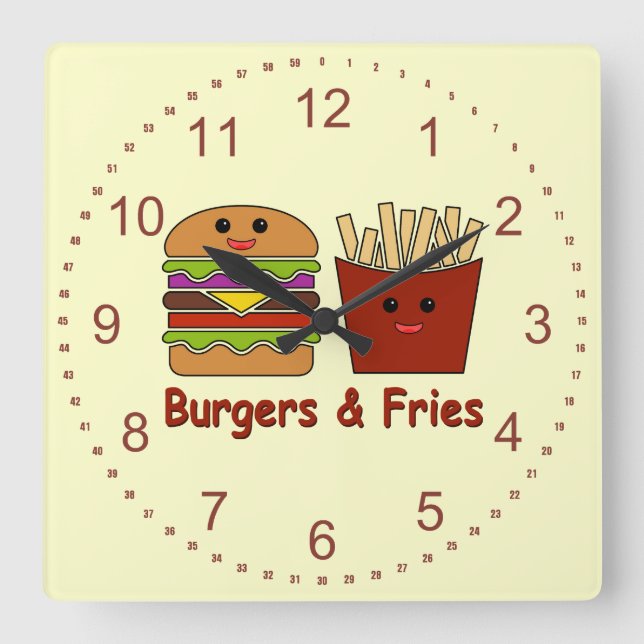 Relógio Quadrado Burgers e Fries (Frente)