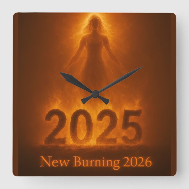 Relógio Quadrado Burning 2025 New Year 2026 Fresh Start Artwork (Frente)