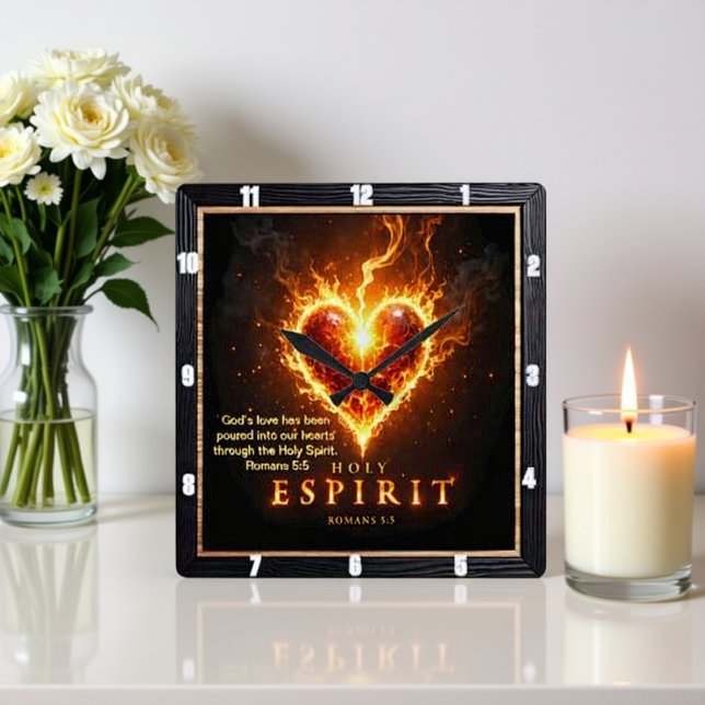 Relógio Quadrado Burning Heart Holy Spirit Romans 5:5 Love (Criador carregado)