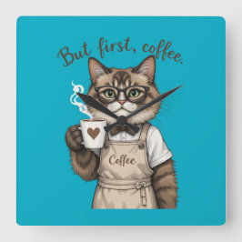 Relógio Quadrado But First, Coffee Cat