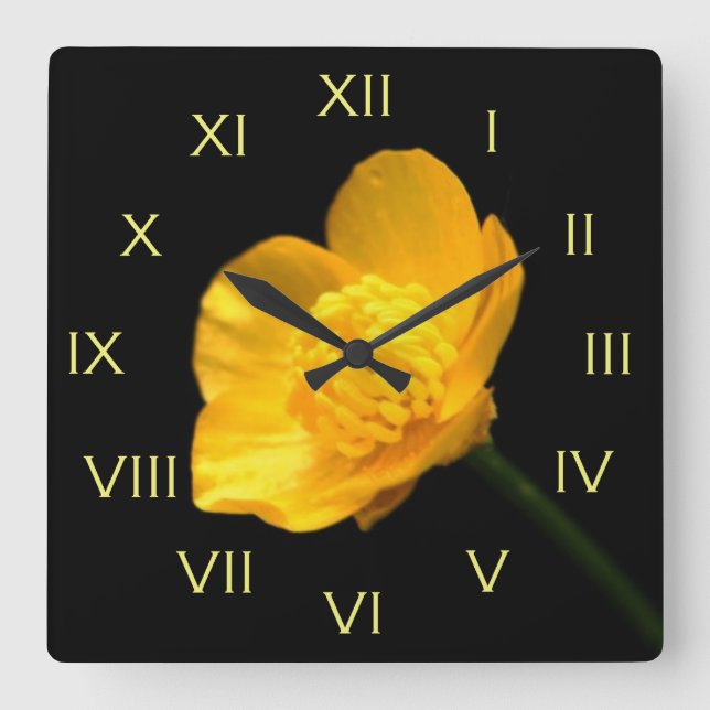 Relógio Quadrado ButterCup Fllower Yellow Roman Numbers wc (Frente)