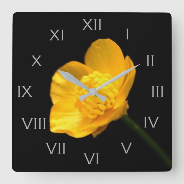 Relógio Quadrado Buttercup Flower Grey Roman Numbers wc (Frente)