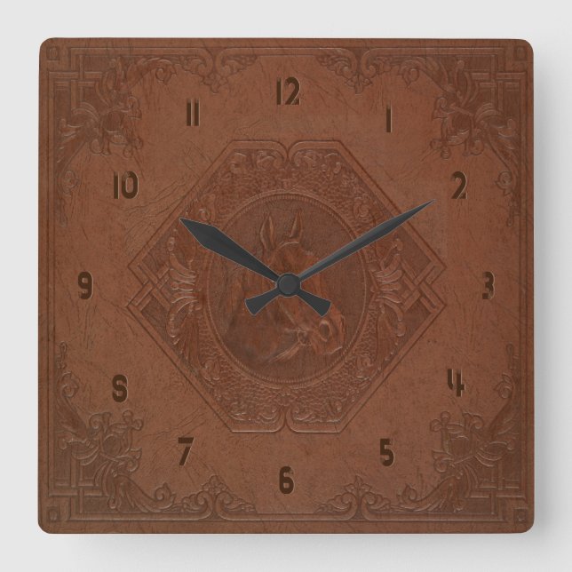 Relógio Quadrado Cabeça de cavalo moldada de couro castanho (Frente)