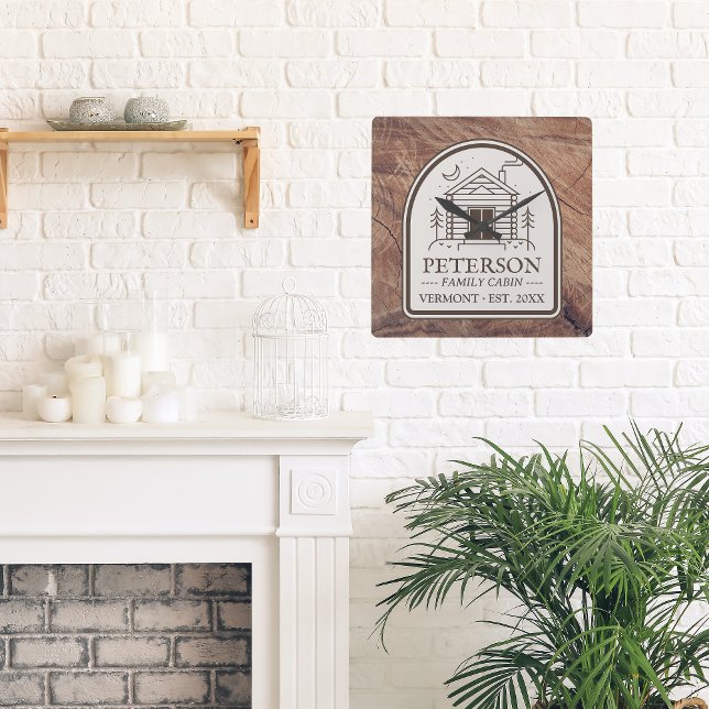 Relógio Quadrado Cabina da família Madeira rustica Decor personaliz (Family Cabin Custom Personalized Rustic Clock )