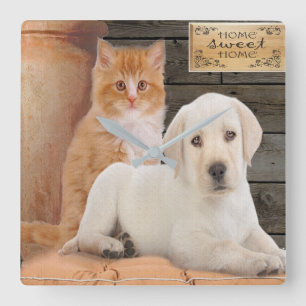 Relógio Quadrado cachorrinho e gatinho