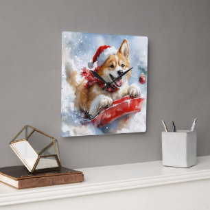 Relógio Quadrado Cachorro Akita no Trenó Deixe Nevar Natal