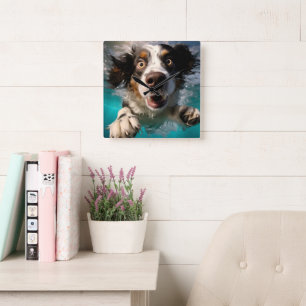Relógio Quadrado Cachorro Animado Nadando Embaixo d'Água Design