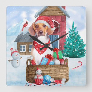 Relógio Quadrado Cachorro Beagle na Casa de Natal na Neve