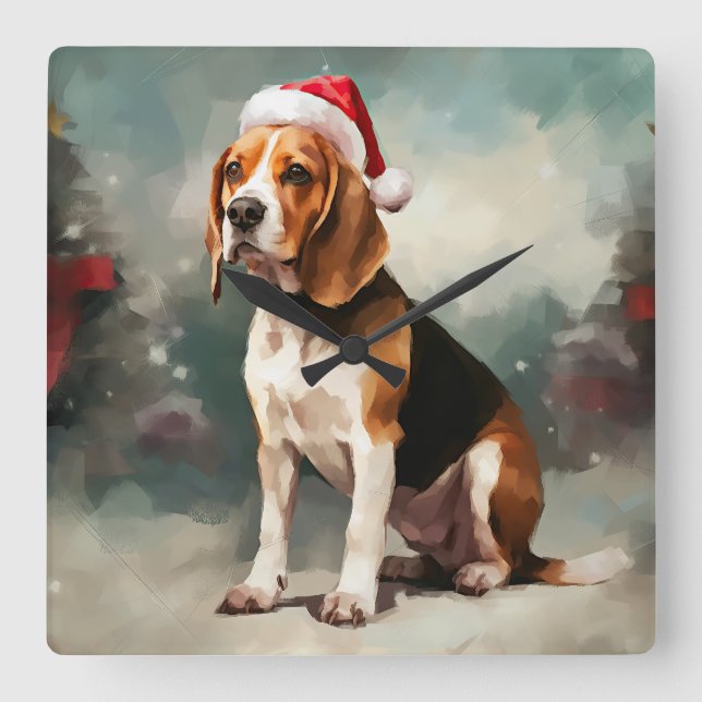 Relógio Quadrado Cachorro Beagle na Neve Natal (Frente)