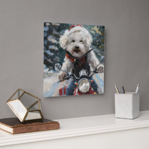 Relógio Quadrado Cachorro Bichon Frise Pilotando Motocicleta Natal