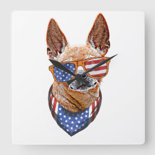 Relógio Quadrado Cachorro Chihuahua EUA Independência Americana 4 d