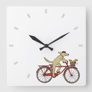 Relógio Quadrado Cachorro Ciclista com Amigo Esquilo - Arte Animal