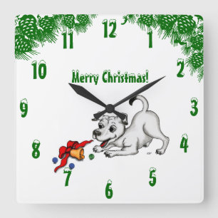 Relógio Quadrado Cachorro com Bell e Ball, Feliz Natal!