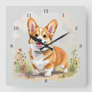 Relógio Quadrado Cachorro Corgi Galês Pembroke Vermelho Fofo