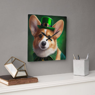 Relógio Quadrado Cachorro Corgi vestido para o Dia de São Patrício