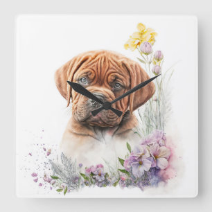 RELÓGIO QUADRADO CACHORRO DE BORDEAUX CACHORRO E FLORES