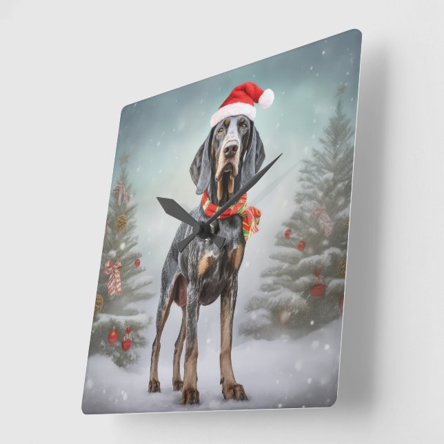 Relógio Quadrado Cachorro de Cachorro Bluetick no Natal da Neve (Ângulo)