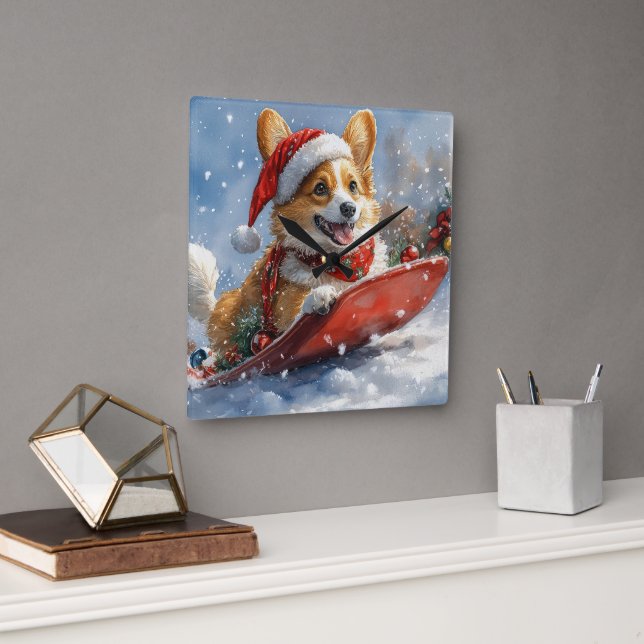Relógio Quadrado Cachorro de Corgi, deixe nevar o Natal (Escritório)