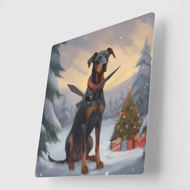 Relógio Quadrado Cachorro Doberman na neve de Natal  (Ângulo)