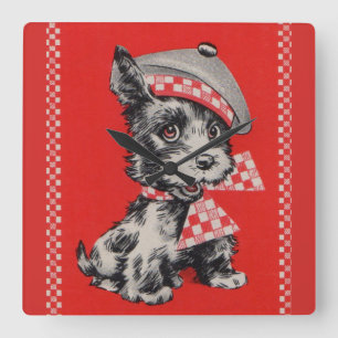 Relógio Quadrado Cachorro escocês de 1950 em vermelho