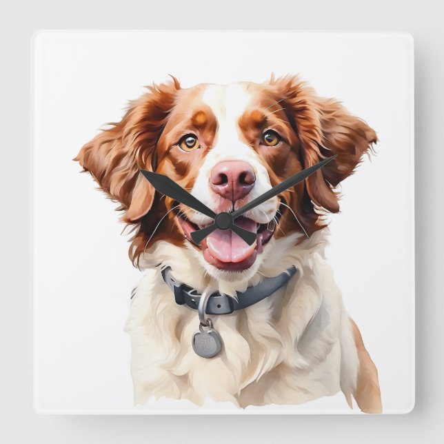 RELÓGIO QUADRADO CACHORRO ESPANHOL BRANCO E VERMELHO (Frente)