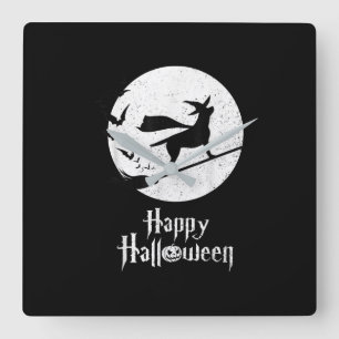 Relógio Quadrado Cachorro Feliz Vassoura-de-bruxa do Halloween