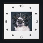 Relógio Quadrado Cachorro Fotográfico Personalizado Cachorro Lover<br><div class="desc">Um bonito relógio personalizado de foto de cachorro grande para o amante do cachorro! Adicione a foto mais carinhosa do seu cachorro. Olhos pegando com certeza! Estilo amigável por cães para a sala de banho ou lama onde você se prepara para caminhões!</div>