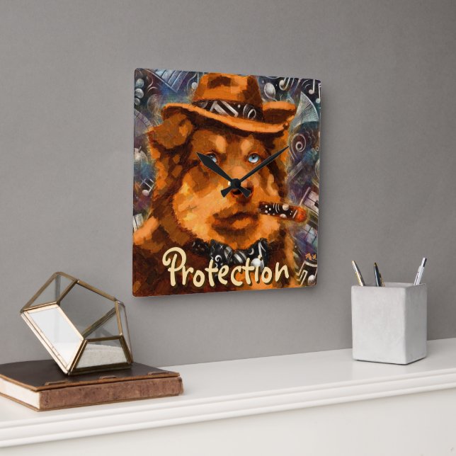 Relógio Quadrado Cachorro Gangster Bonito com Olhos Azuis Personali (Escritório)