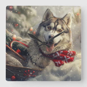 Relógio Quadrado Cachorro Husky Siberiano Natal Festivo