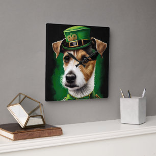 Relógio Quadrado Cachorro Jack Russell vestido para o Dia de São Pa