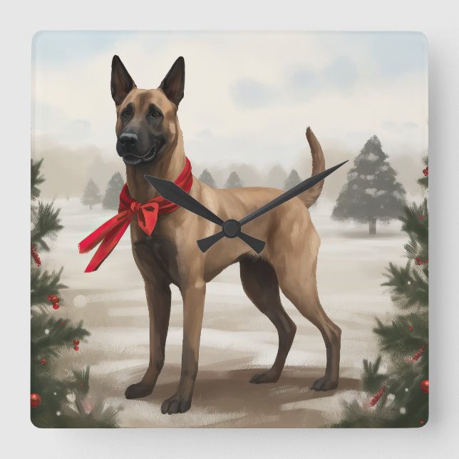 Relógio Quadrado Cachorro Malinois belga no Natal da neve (Frente)