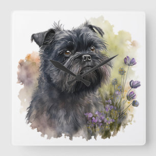 RELÓGIO QUADRADO CACHORRO NEGRO ADORÁVEL AFFENPINSCHER COM FLORES