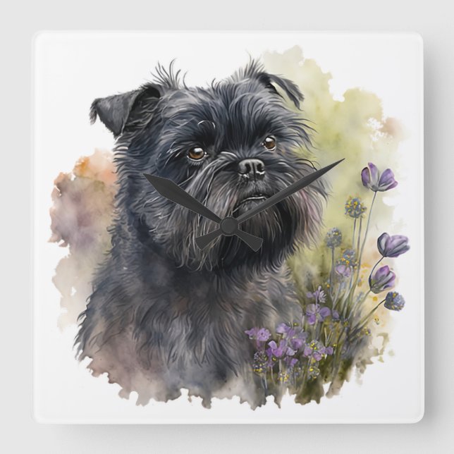 RELÓGIO QUADRADO CACHORRO NEGRO ADORÁVEL AFFENPINSCHER COM FLORES (Frente)